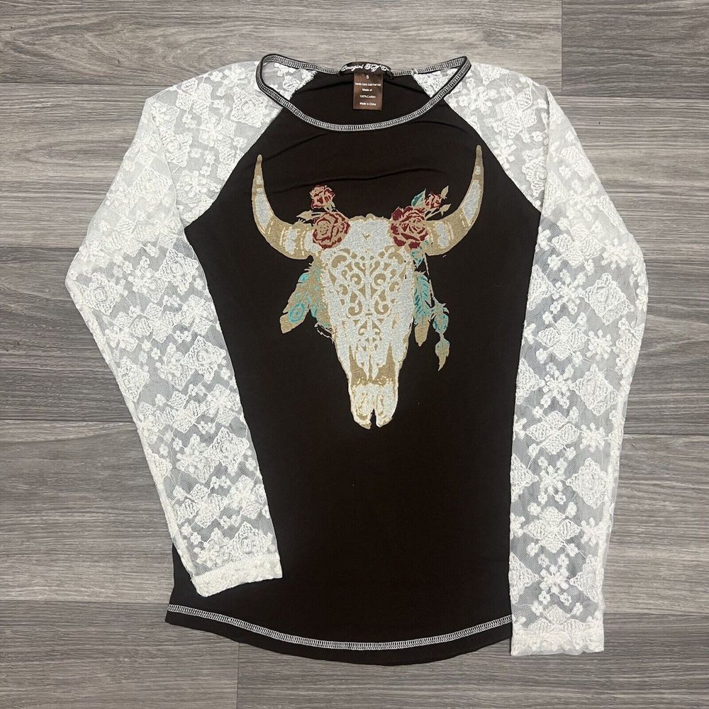 Bull Cattle Skull Lace Top T Shirt Women Small Brown White Lace LongSleeve